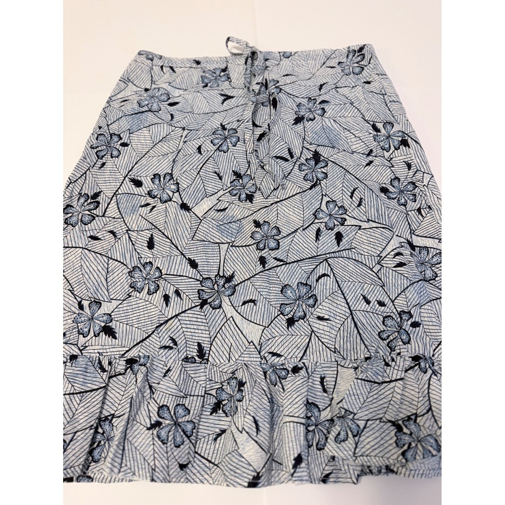 Blue White Floral Leaf Print Ruffle Hem Midi Skirt Side Tie Waist XL